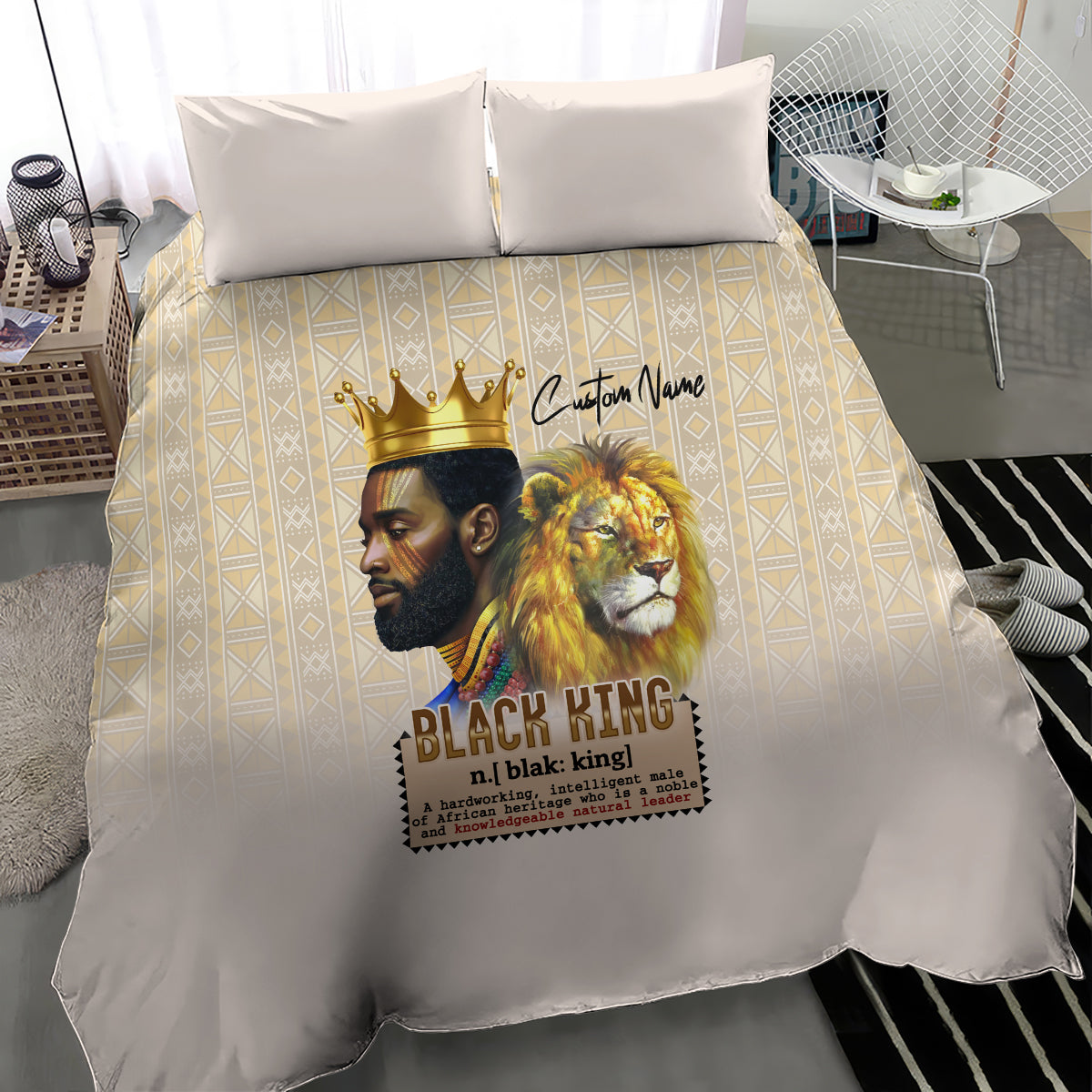 Beige king duvet close view with lion and crowned man graphic over gold lattice pattern