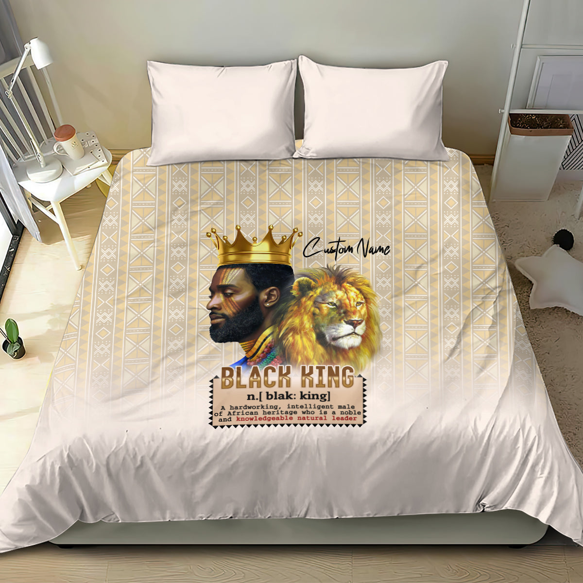 Beige king bedding set with lion and crowned king face graphic, geometric border, two pillows