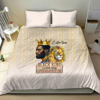 Beige king bedding set with lion and crowned king face graphic, geometric border, two pillows