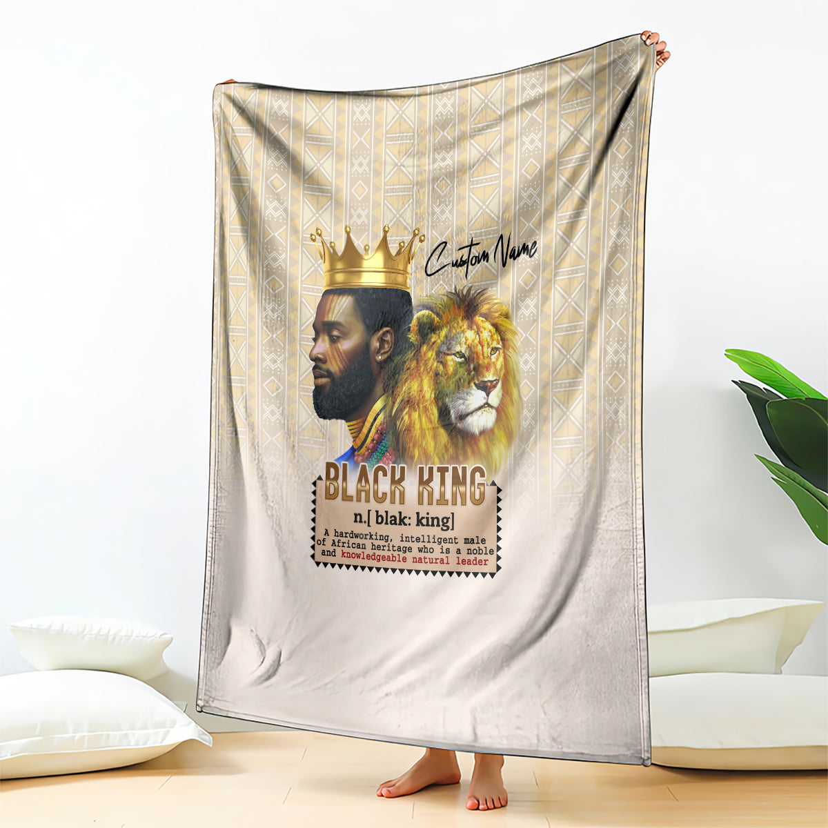 Beige lion king throw blanket with gold crown portrait and “BLACK KING” typography