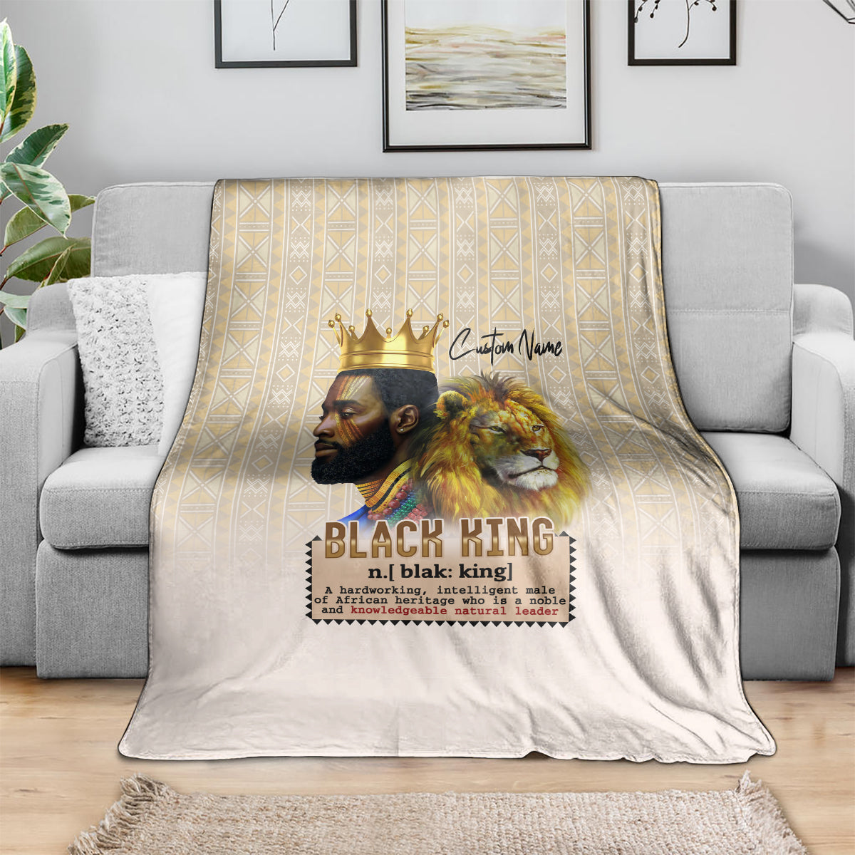 Beige and gold-pattern throw blanket with lion and crowned king print, “BLACK KING”