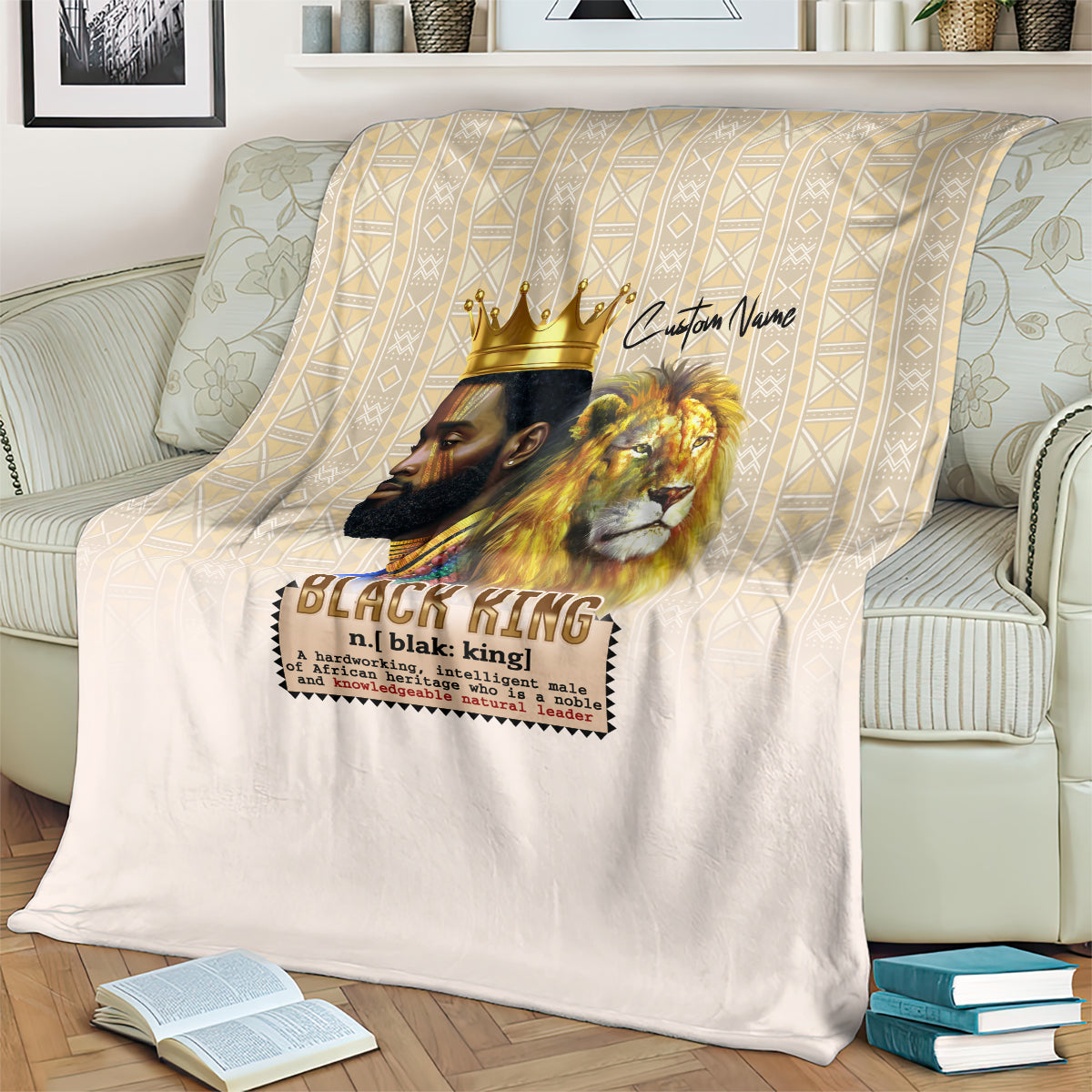 Beige throw blanket with lion king portrait and crown, “BLACK KING” centered print
