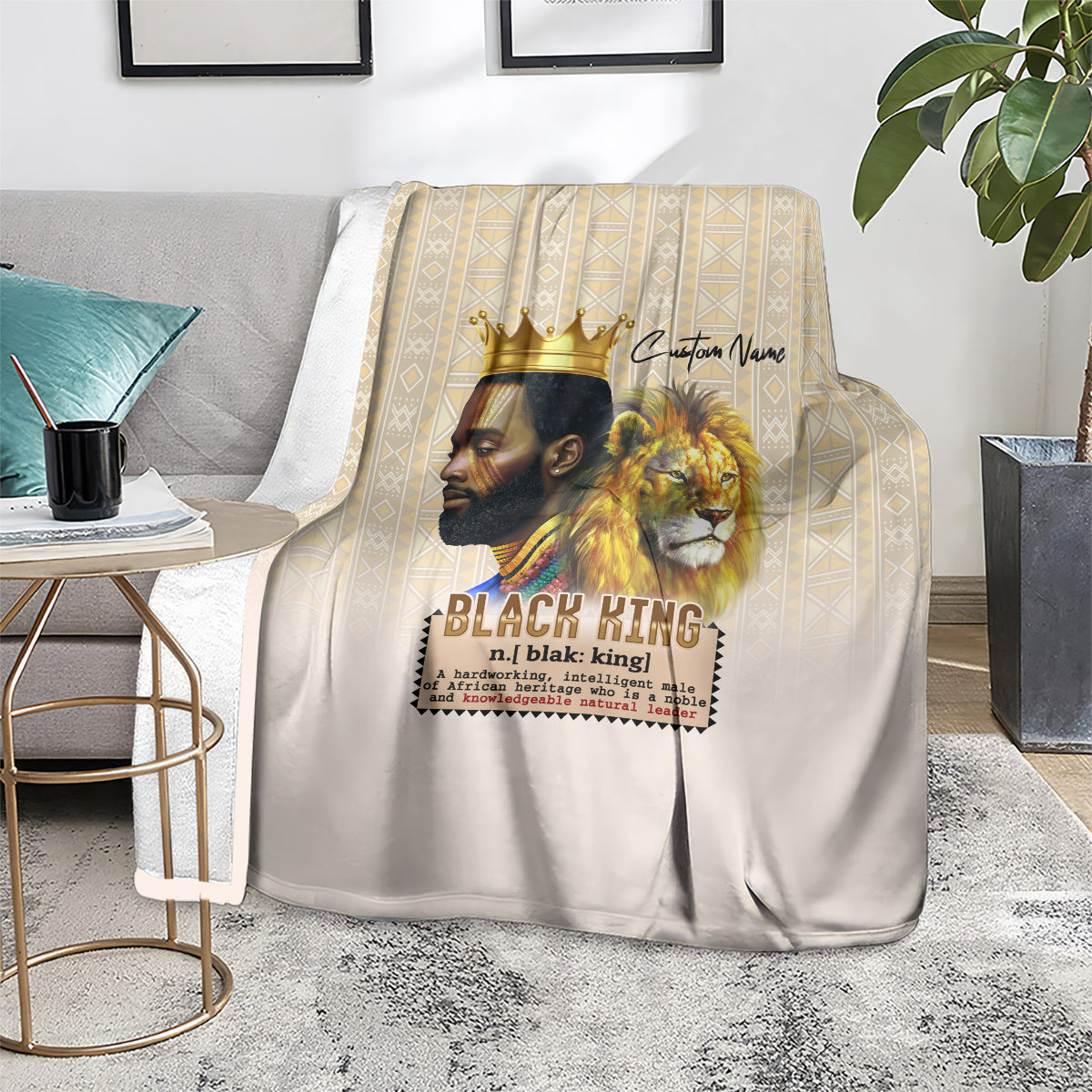 Beige king and lion throw blanket with gold crown graphic and “BLACK KING” wording