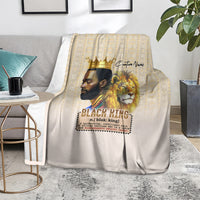 Beige king and lion throw blanket with gold crown graphic and “BLACK KING” wording