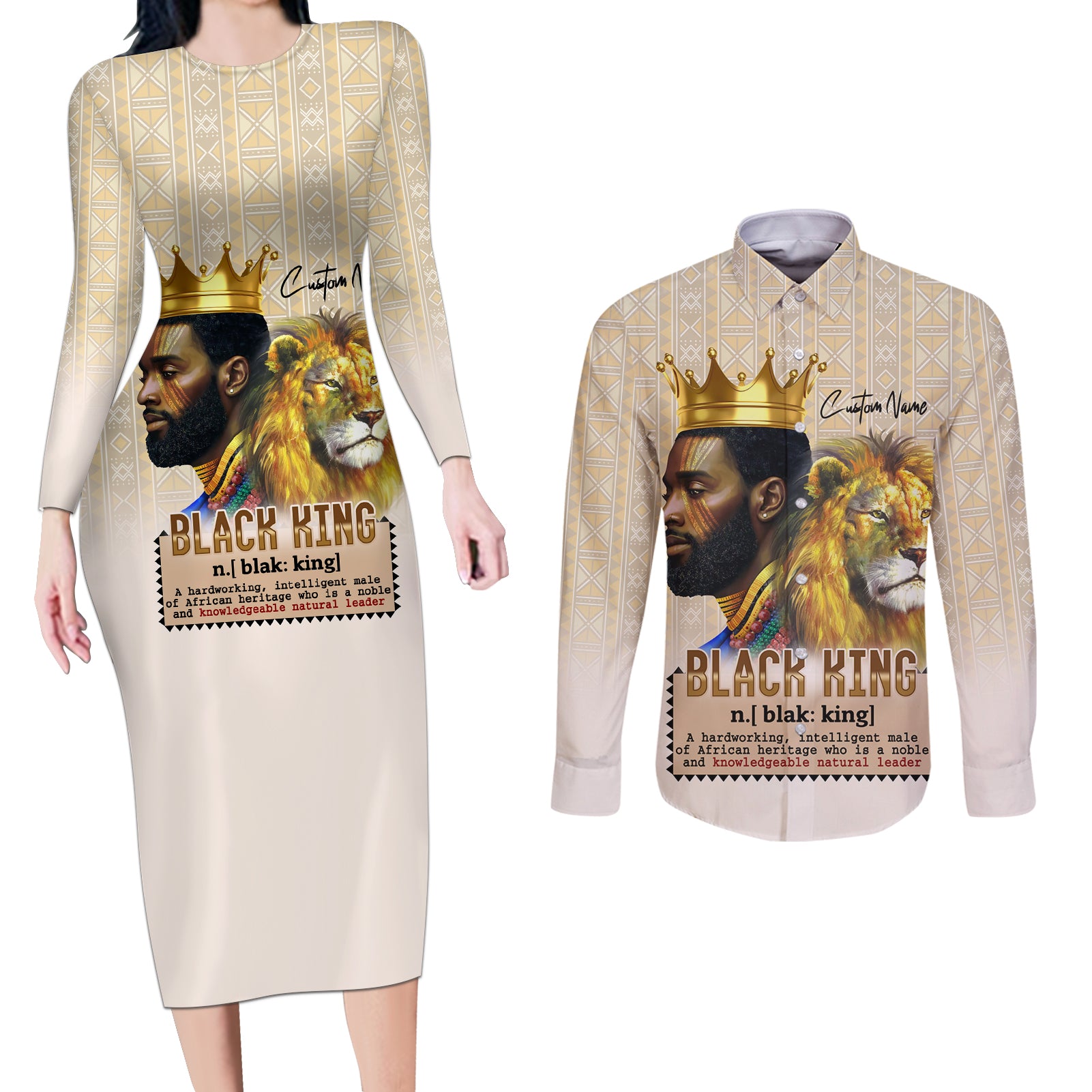 Lion Black King Couples Matching Long Sleeve Bodycon Dress and Long Sleeve Button Shirt African Heritage