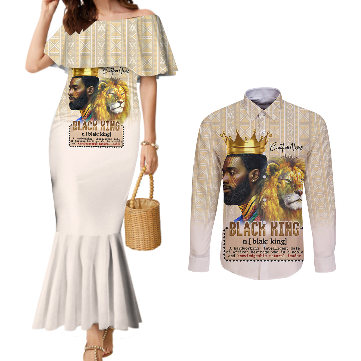 Lion Black King Couples Matching Mermaid Dress and Long Sleeve Button Shirt African Heritage