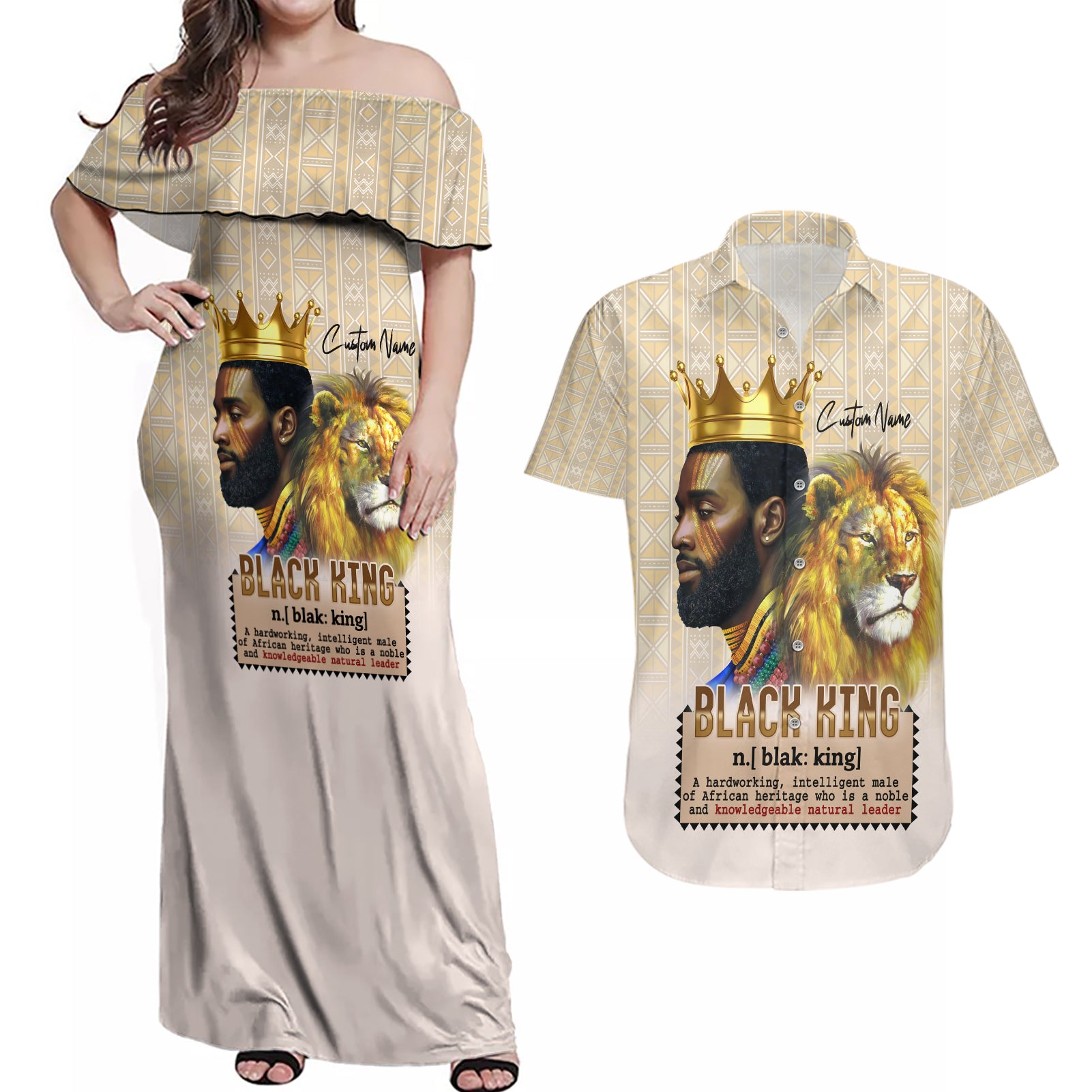 Lion Black King Couples Matching Off Shoulder Maxi Dress and Hawaiian Shirt African Heritage