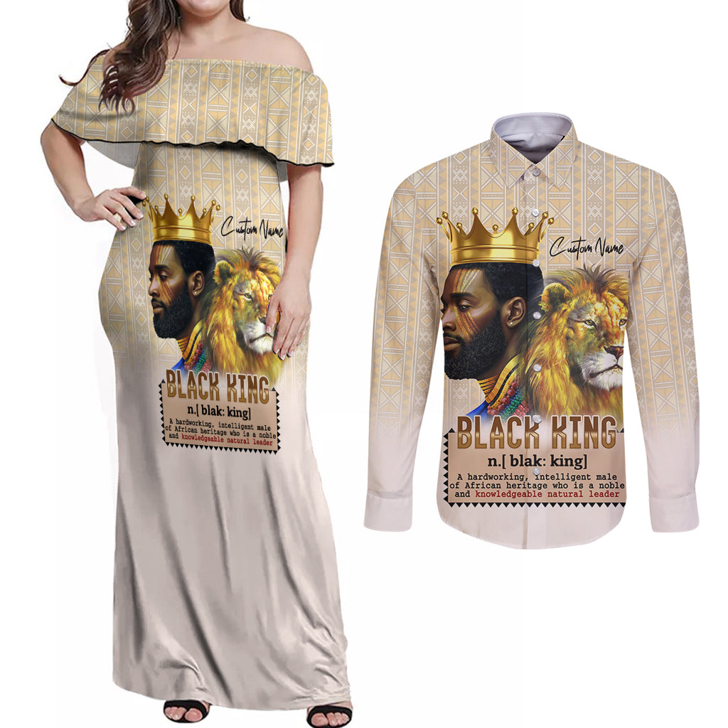 Lion Black King Couples Matching Off Shoulder Maxi Dress and Long Sleeve Button Shirt African Heritage