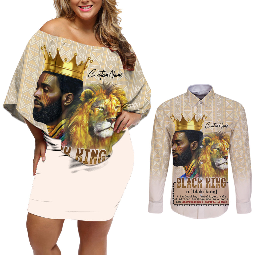 Lion Black King Couples Matching Off Shoulder Short Dress and Long Sleeve Button Shirt African Heritage