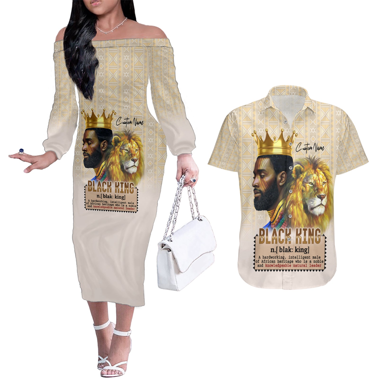 Lion Black King Couples Matching Off The Shoulder Long Sleeve Dress and Hawaiian Shirt African Heritage