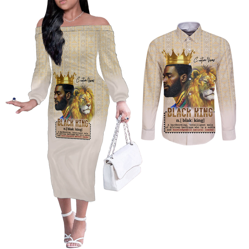 Lion Black King Couples Matching Off The Shoulder Long Sleeve Dress and Long Sleeve Button Shirt African Heritage