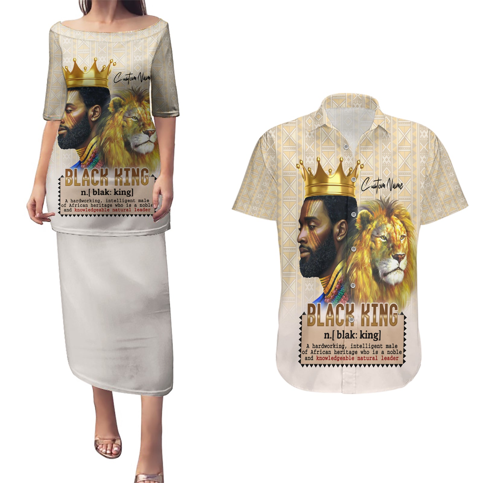 Lion Black King Couples Matching Puletasi and Hawaiian Shirt African Heritage