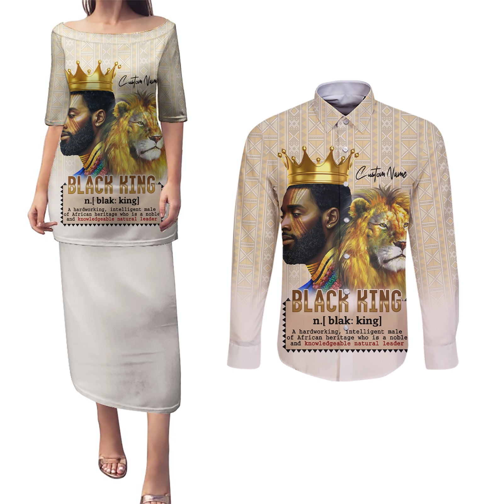 Lion Black King Couples Matching Puletasi and Long Sleeve Button Shirt African Heritage