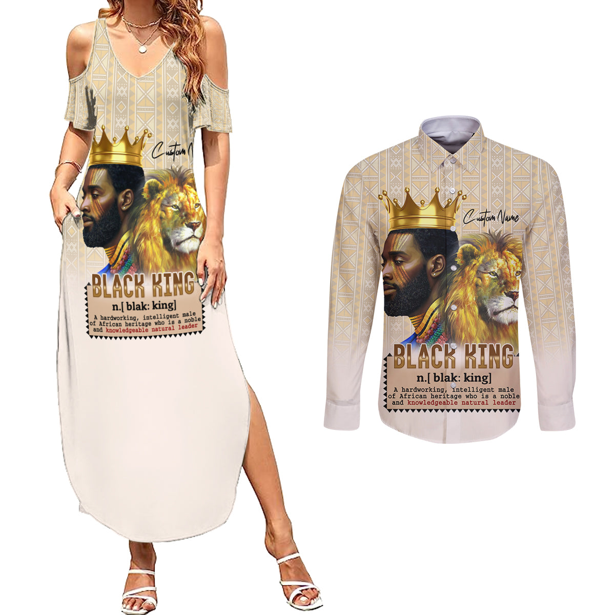 Lion Black King Couples Matching Summer Maxi Dress and Long Sleeve Button Shirt African Heritage