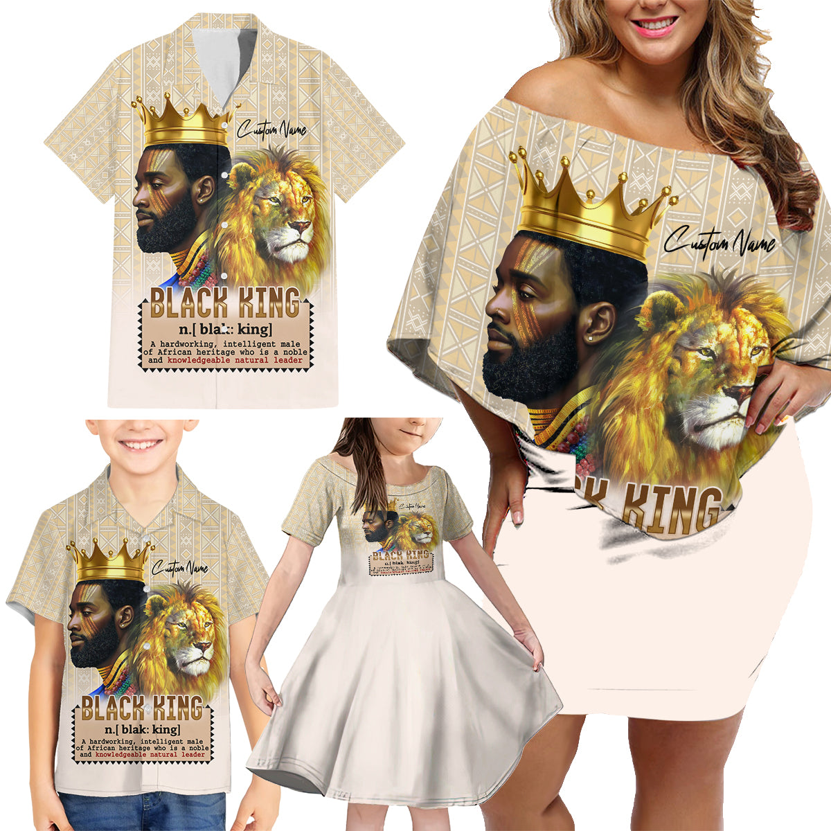 Lion Black King Family Matching Off Shoulder Short Dress and Hawaiian Shirt African Heritage - Wonder Print Shop