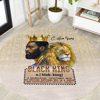 Beige round rug with lion and crown graphic, 'BLACK KING' text