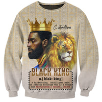 Beige crewneck sweatshirt with lion, gold crown, and 'BLACK KING' front graphic