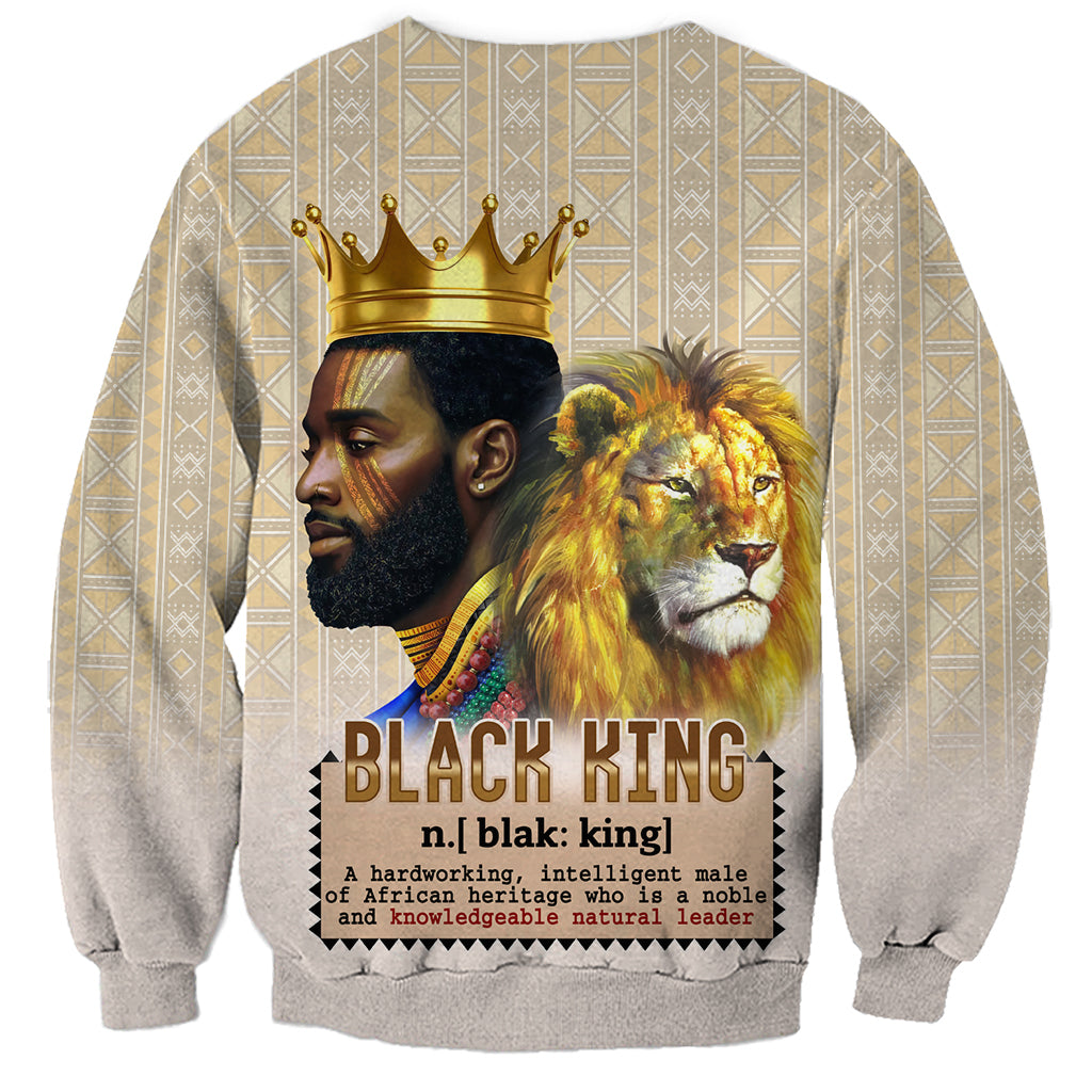 Beige crewneck sweatshirt with lion and gold crown artwork and 'BLACK KING' text