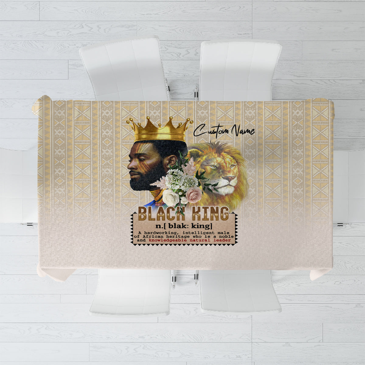 Beige tablecloth with gold geometric pattern border and central king portrait print