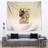 Beige African heritage tapestry with crowned king and lion head graphic