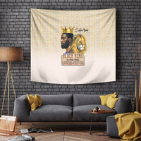 Beige wall tapestry with crowned king portrait and roaring lion artwork