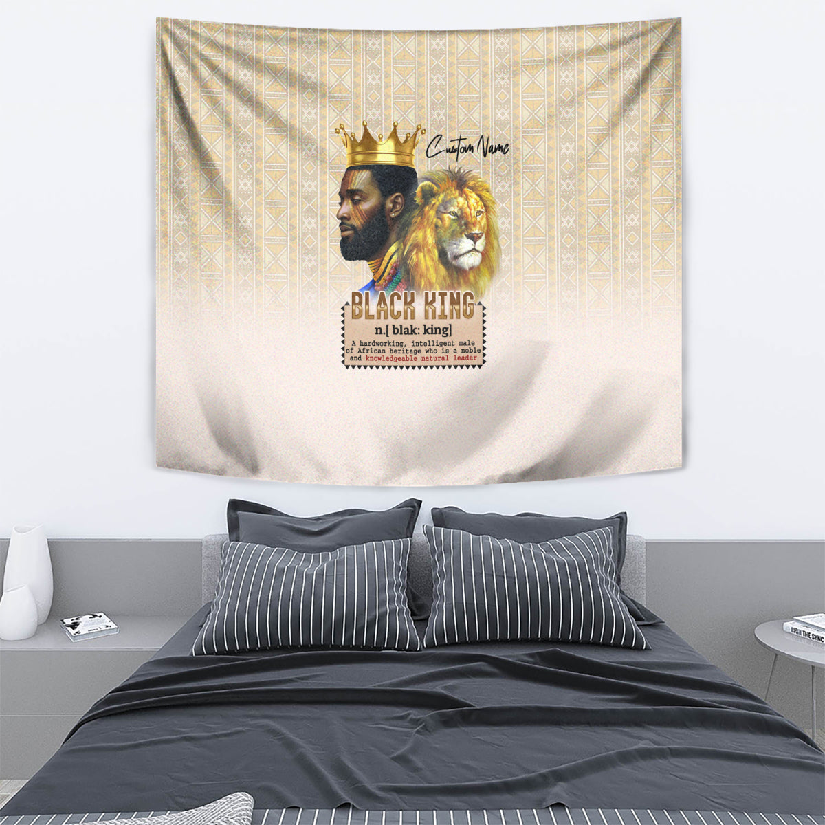 Beige tapestry hanging above bed with crowned king and lion graphic
