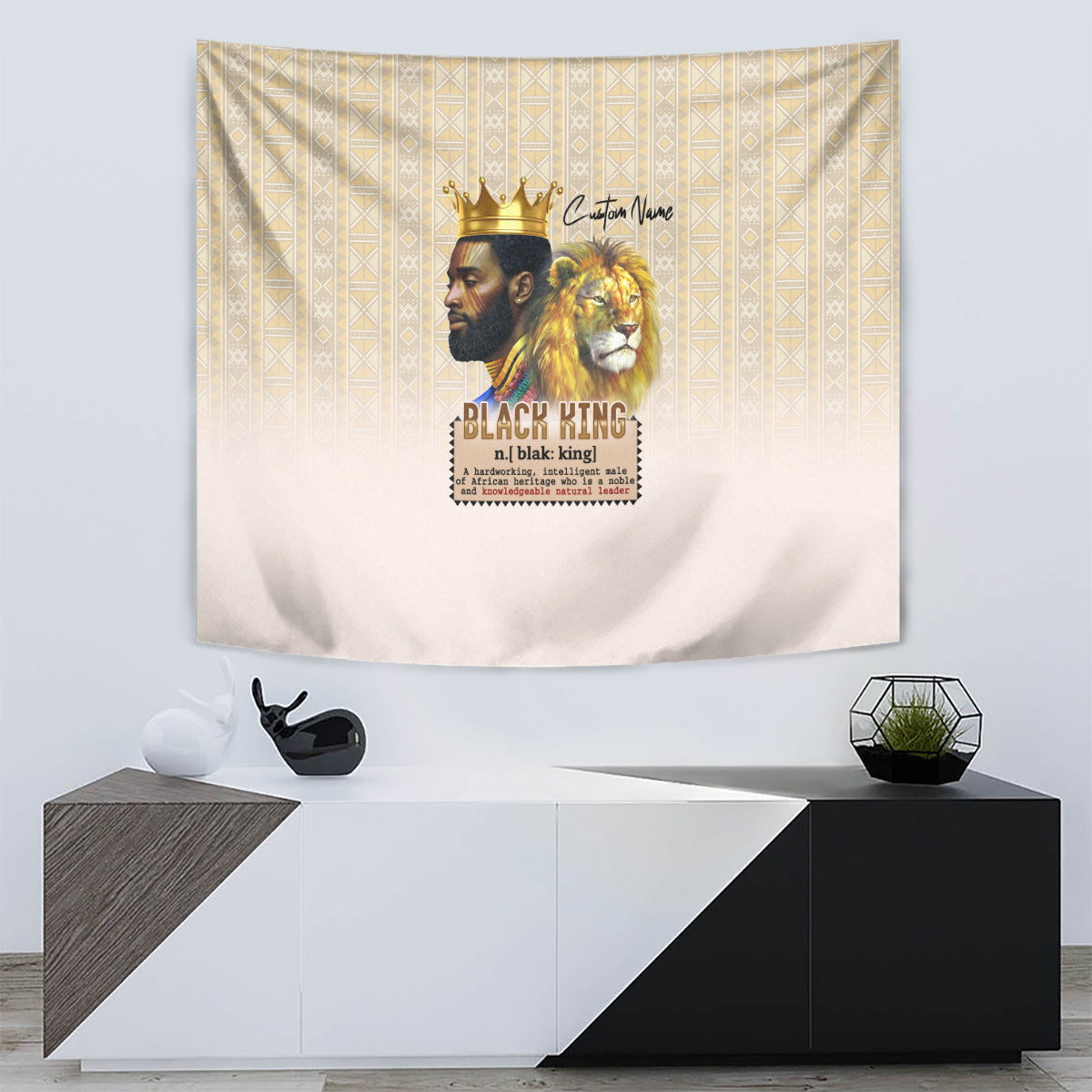 Beige tapestry on wall with crowned king profile and lion head design