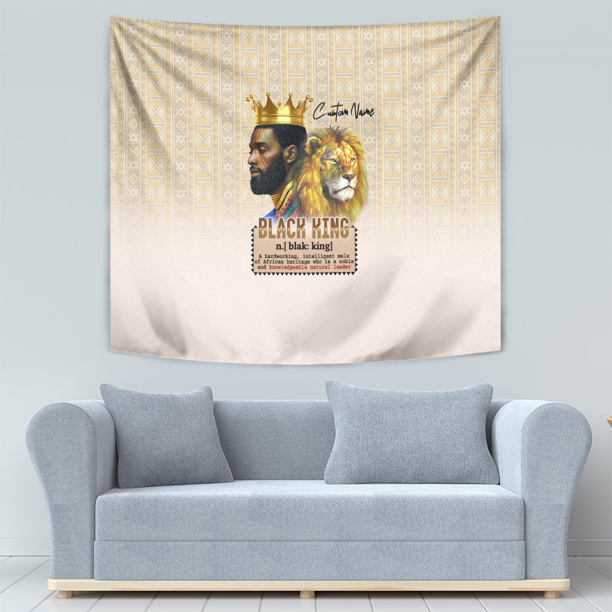 Beige African heritage tapestry with crowned king and lion artwork over sofa