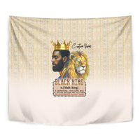 Beige tapestry featuring crowned king and lion head graphic, full view
