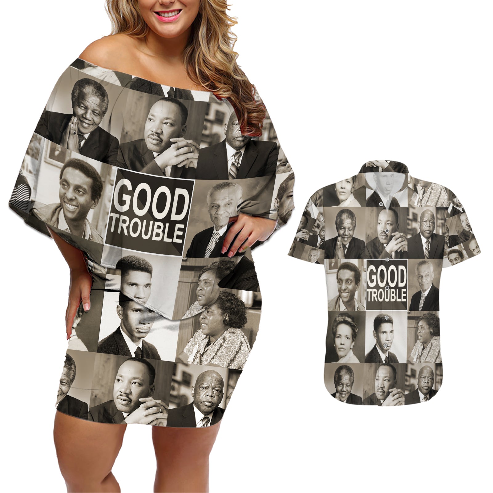 Good Trouble Couples Matching Off Shoulder Short Dress and Hawaiian Shirt Civil Rights Leaders - Wonder Print Shop