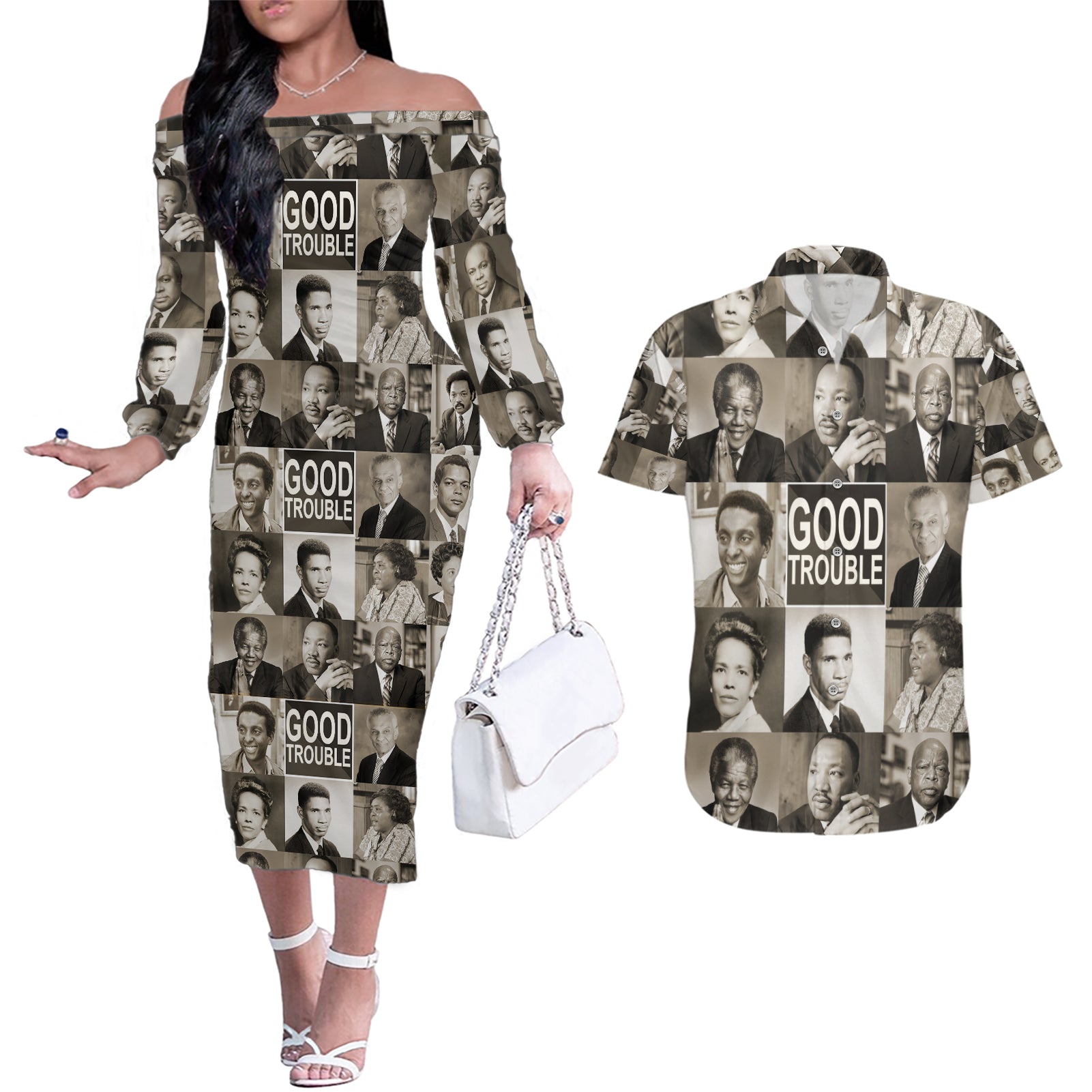 Good Trouble Couples Matching Off The Shoulder Long Sleeve Dress and Hawaiian Shirt Civil Rights Leaders - Wonder Print Shop