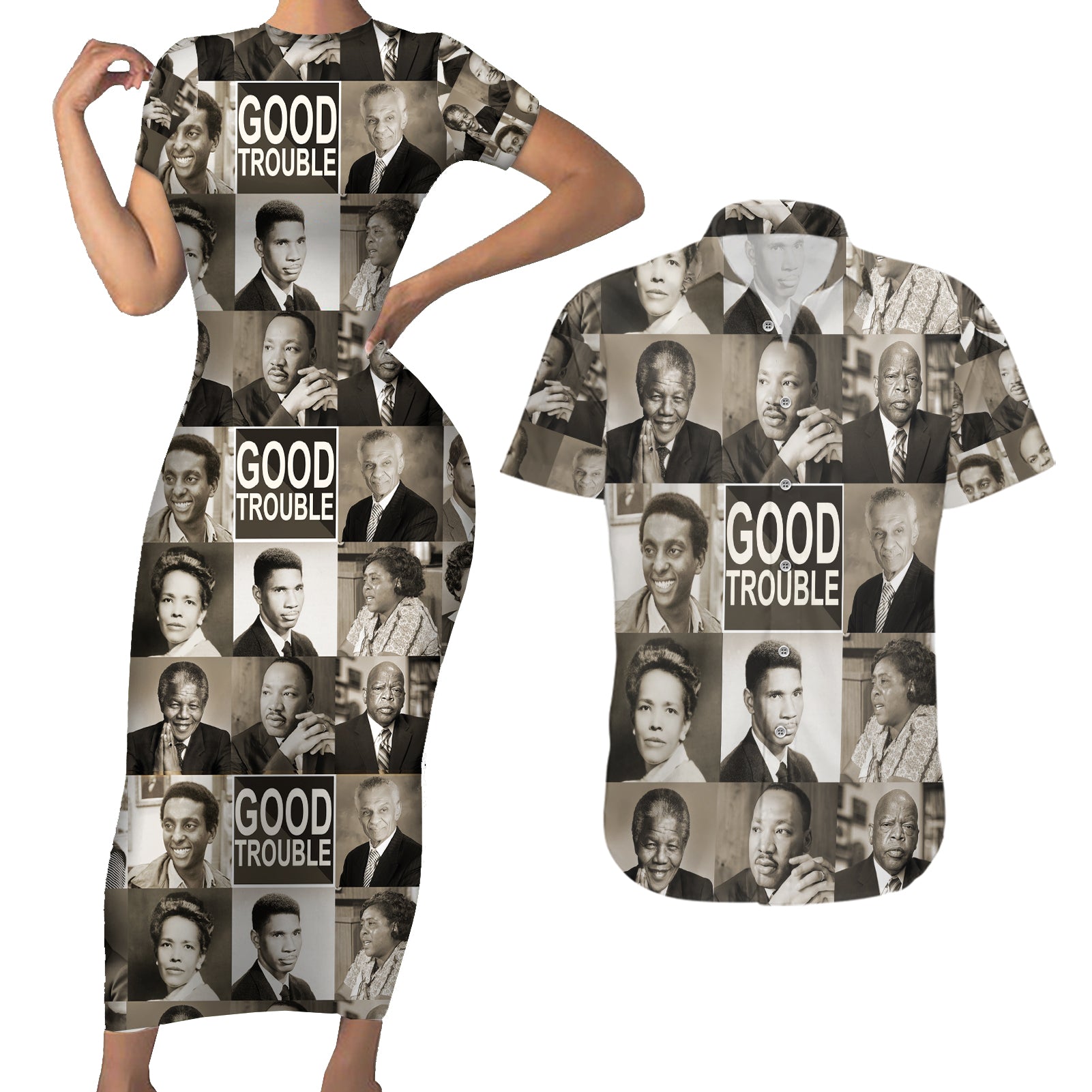 Good Trouble Couples Matching Short Sleeve Bodycon Dress and Hawaiian Shirt Civil Rights Leaders - Wonder Print Shop