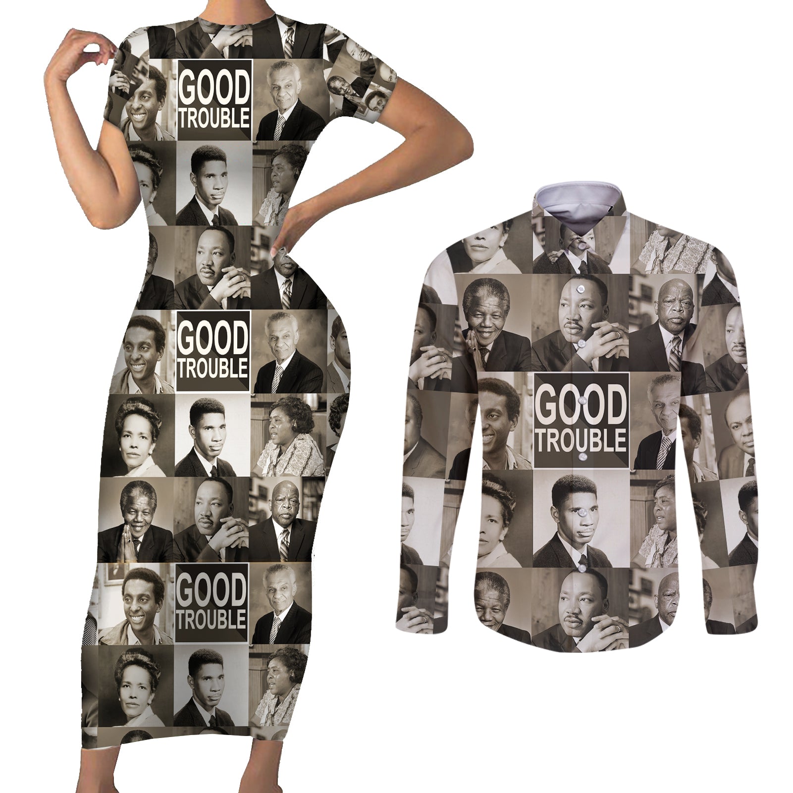 Good Trouble Couples Matching Short Sleeve Bodycon Dress and Long Sleeve Button Shirt Civil Rights Leaders - Wonder Print Shop