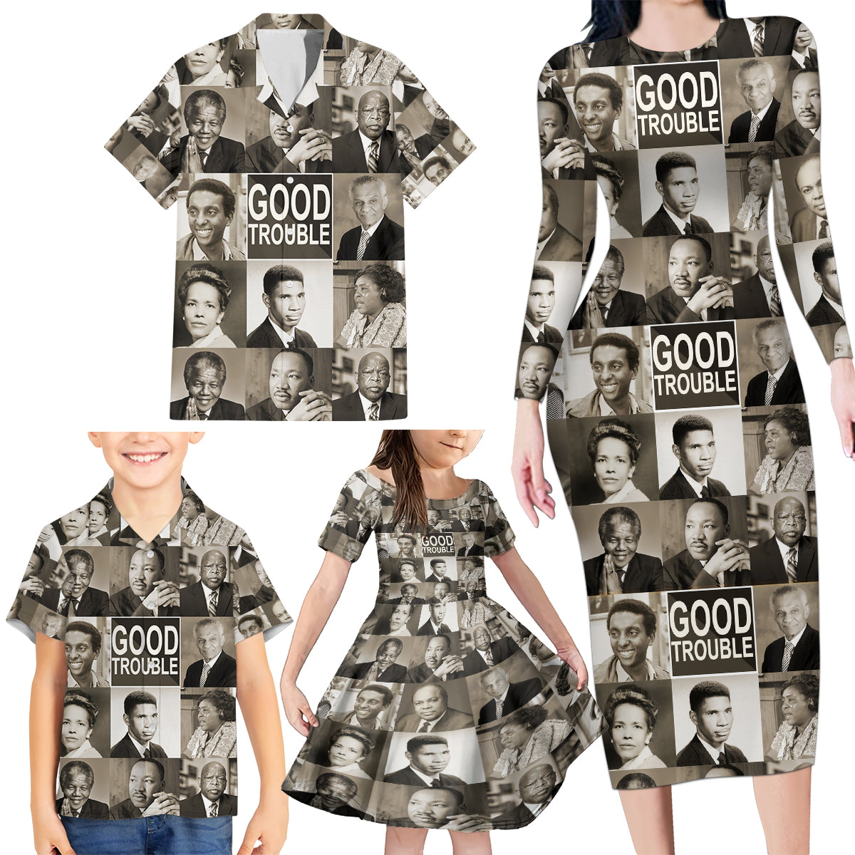 Good Trouble Family Matching Long Sleeve Bodycon Dress and Hawaiian Shirt Civil Rights Leaders - Wonder Print Shop