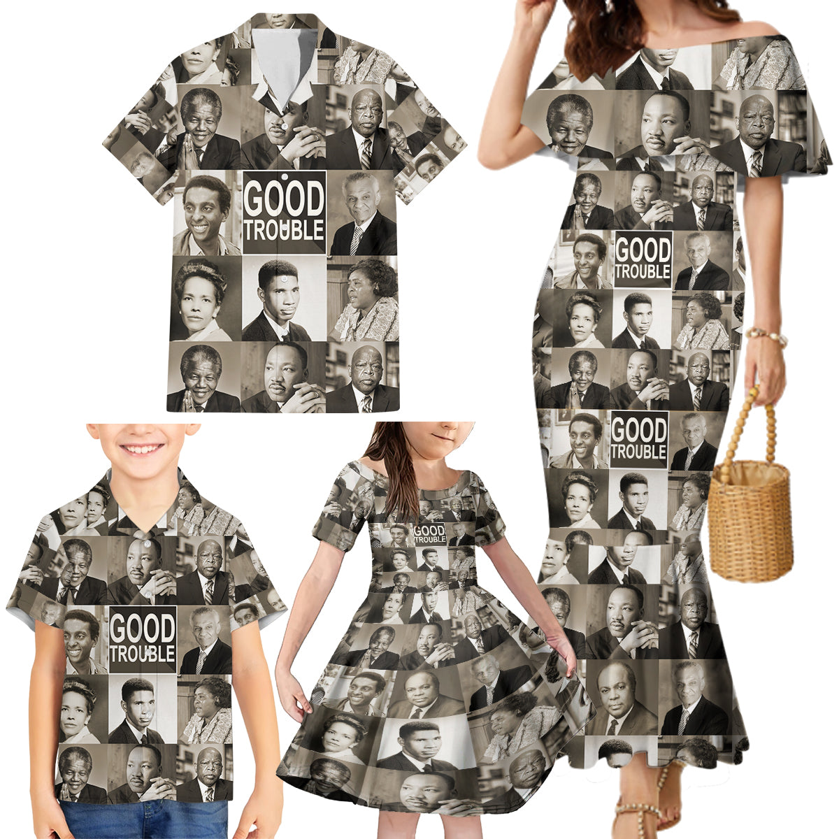 Good Trouble Family Matching Mermaid Dress and Hawaiian Shirt Civil Rights Leaders - Wonder Print Shop