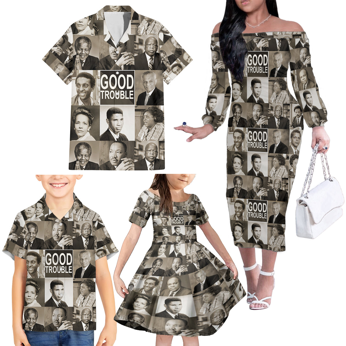 Good Trouble Family Matching Off Shoulder Long Sleeve Dress and Hawaiian Shirt Civil Rights Leaders - Wonder Print Shop