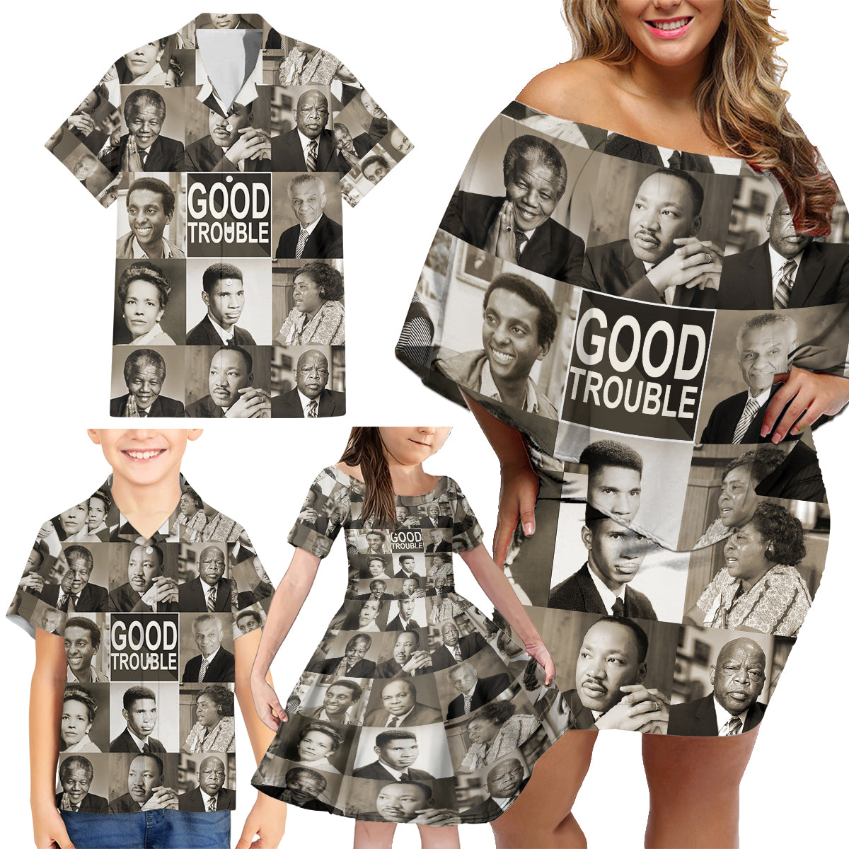 Good Trouble Family Matching Off Shoulder Short Dress and Hawaiian Shirt Civil Rights Leaders - Wonder Print Shop