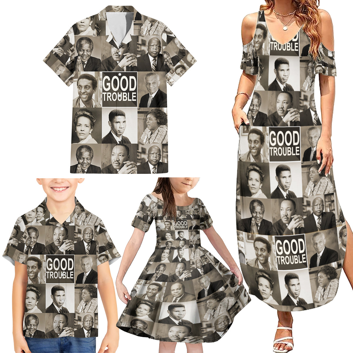 Good Trouble Family Matching Summer Maxi Dress and Hawaiian Shirt Civil Rights Leaders - Wonder Print Shop