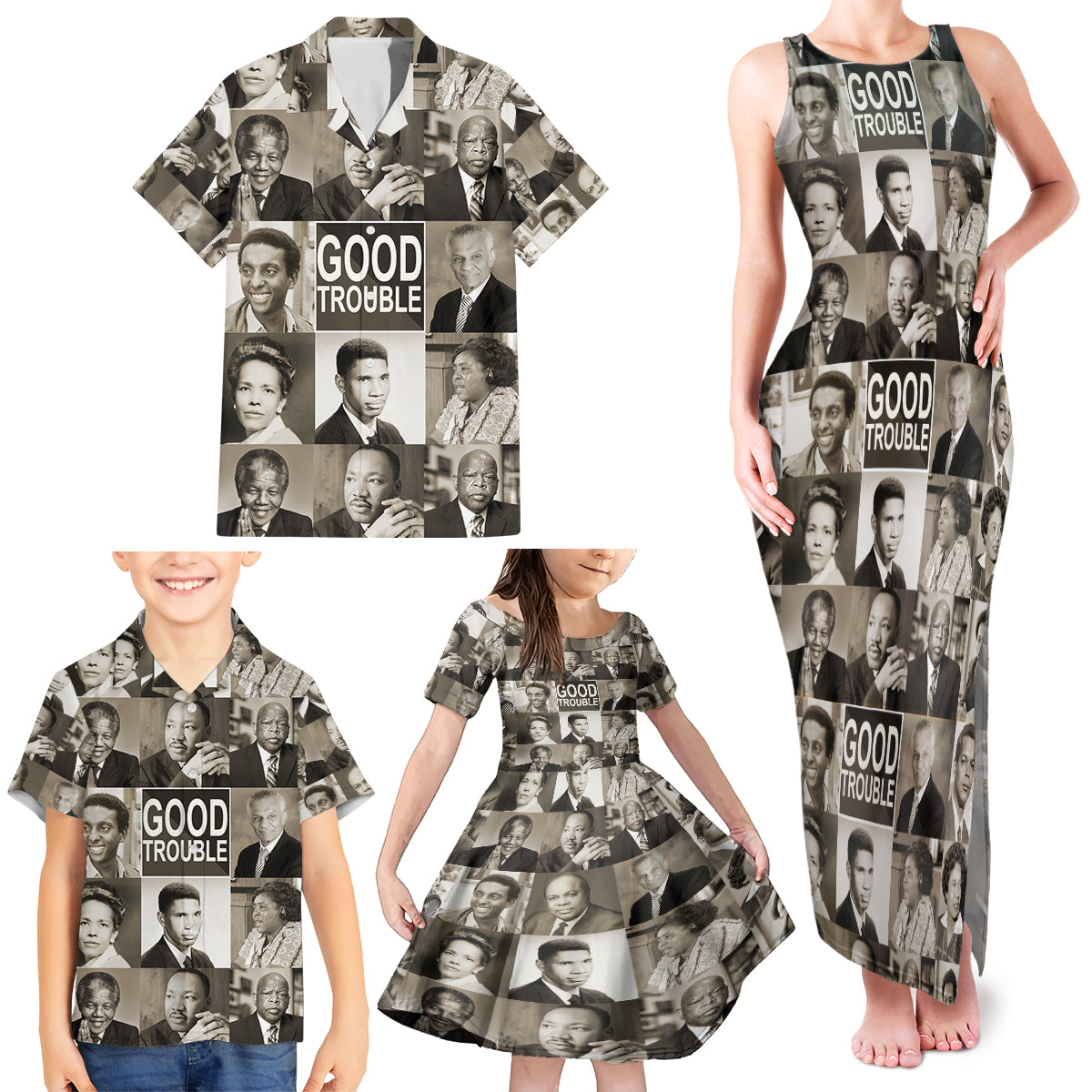 Good Trouble Family Matching Tank Maxi Dress and Hawaiian Shirt Civil Rights Leaders - Wonder Print Shop