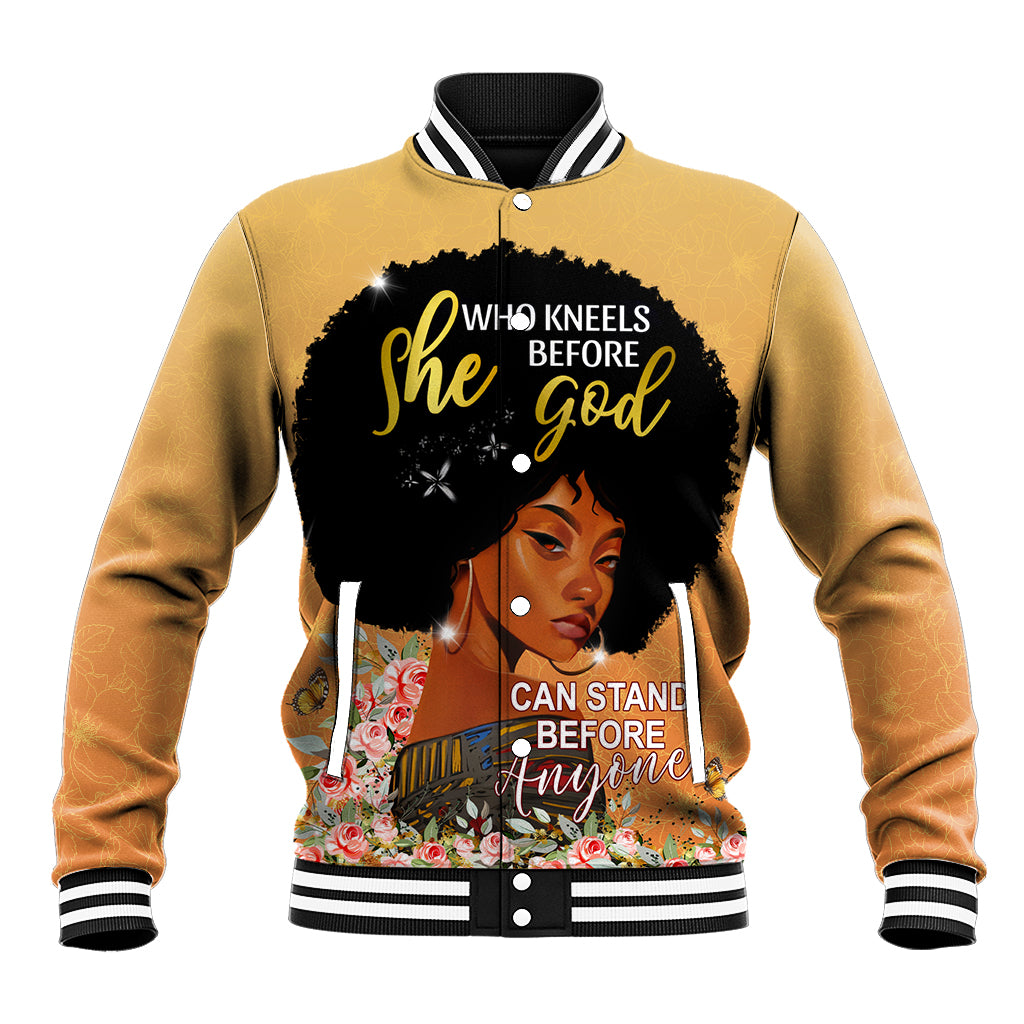 Gold baseball jacket with striped ribbed collar and bold front scripture graphic