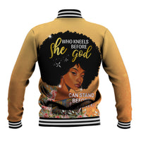 Gold baseball jacket with striped ribbed collar and large back scripture portrait design