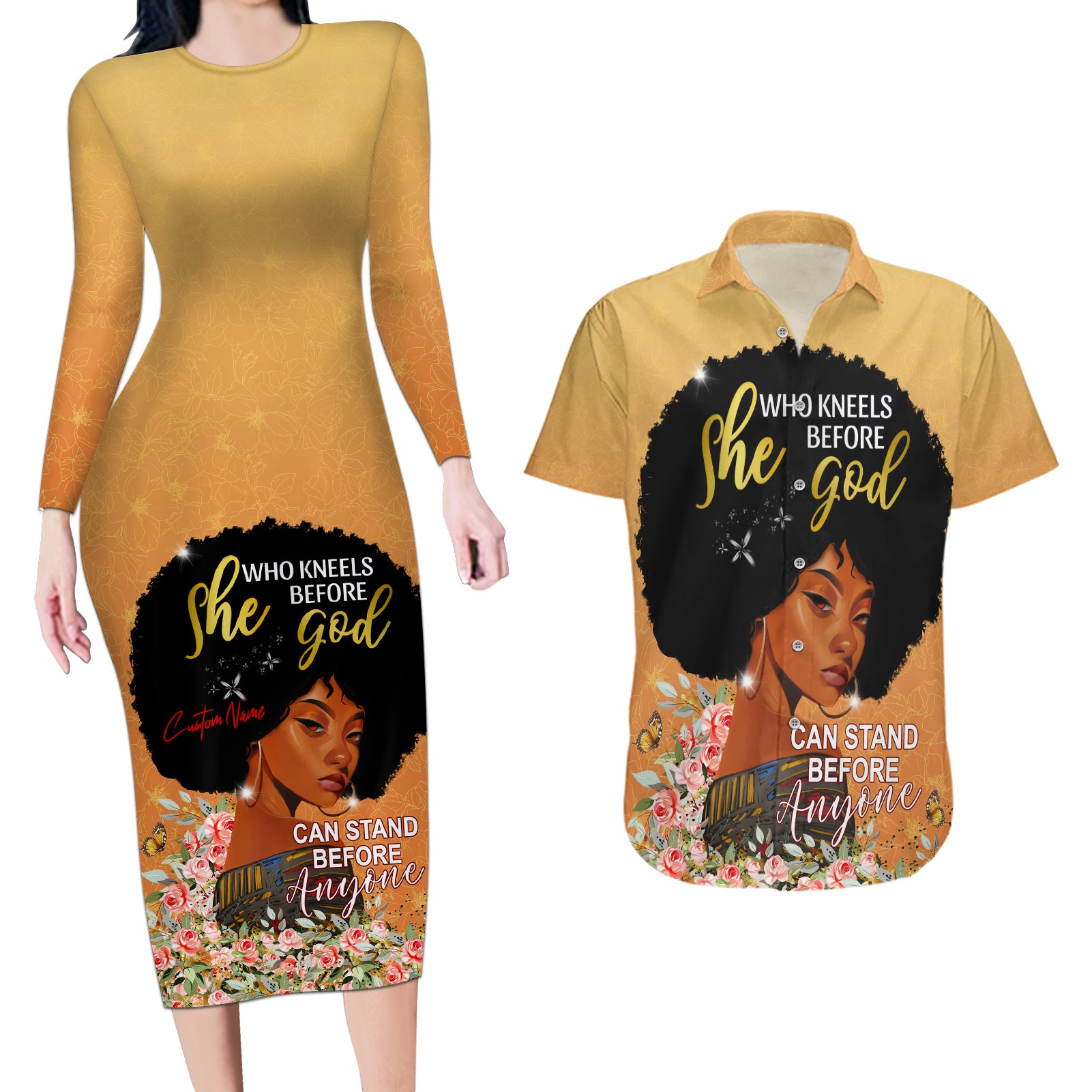 Personalized African Black Women Couples Matching Long Sleeve Bodycon Dress and Hawaiian Shirt She Who Kneels Before God