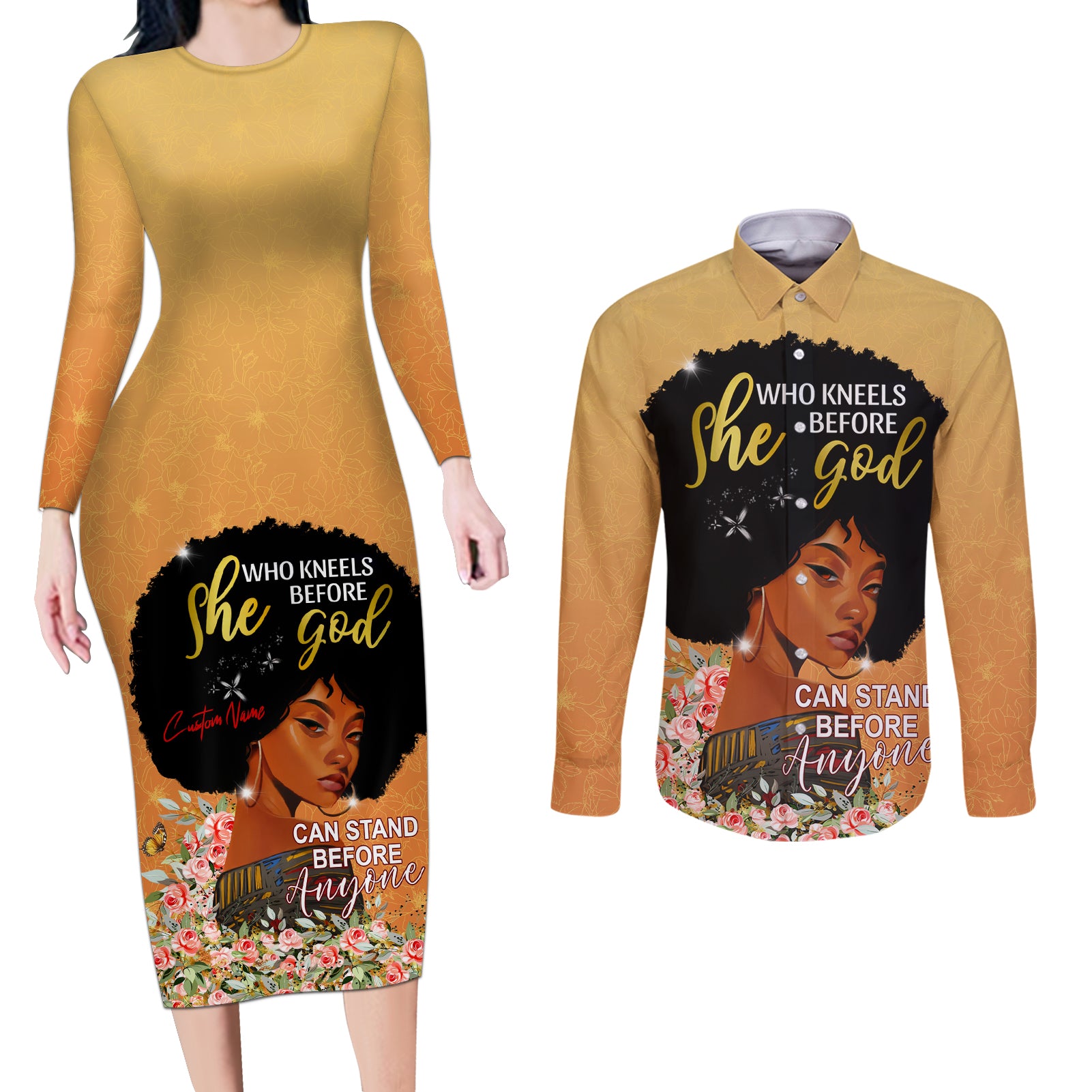 Personalized African Black Women Couples Matching Long Sleeve Bodycon Dress and Long Sleeve Button Shirt She Who Kneels Before God