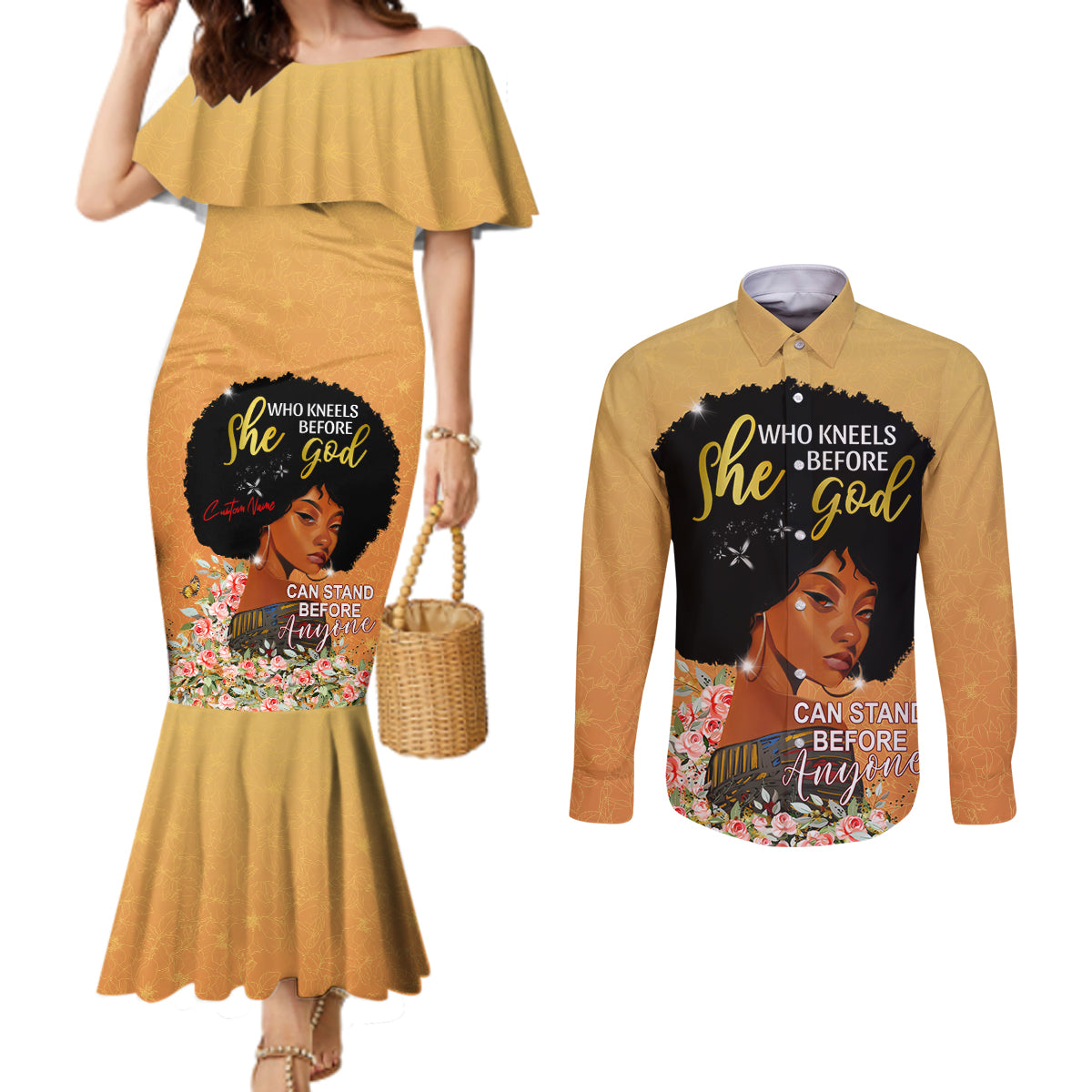 Personalized African Black Women Couples Matching Mermaid Dress and Long Sleeve Button Shirt She Who Kneels Before God