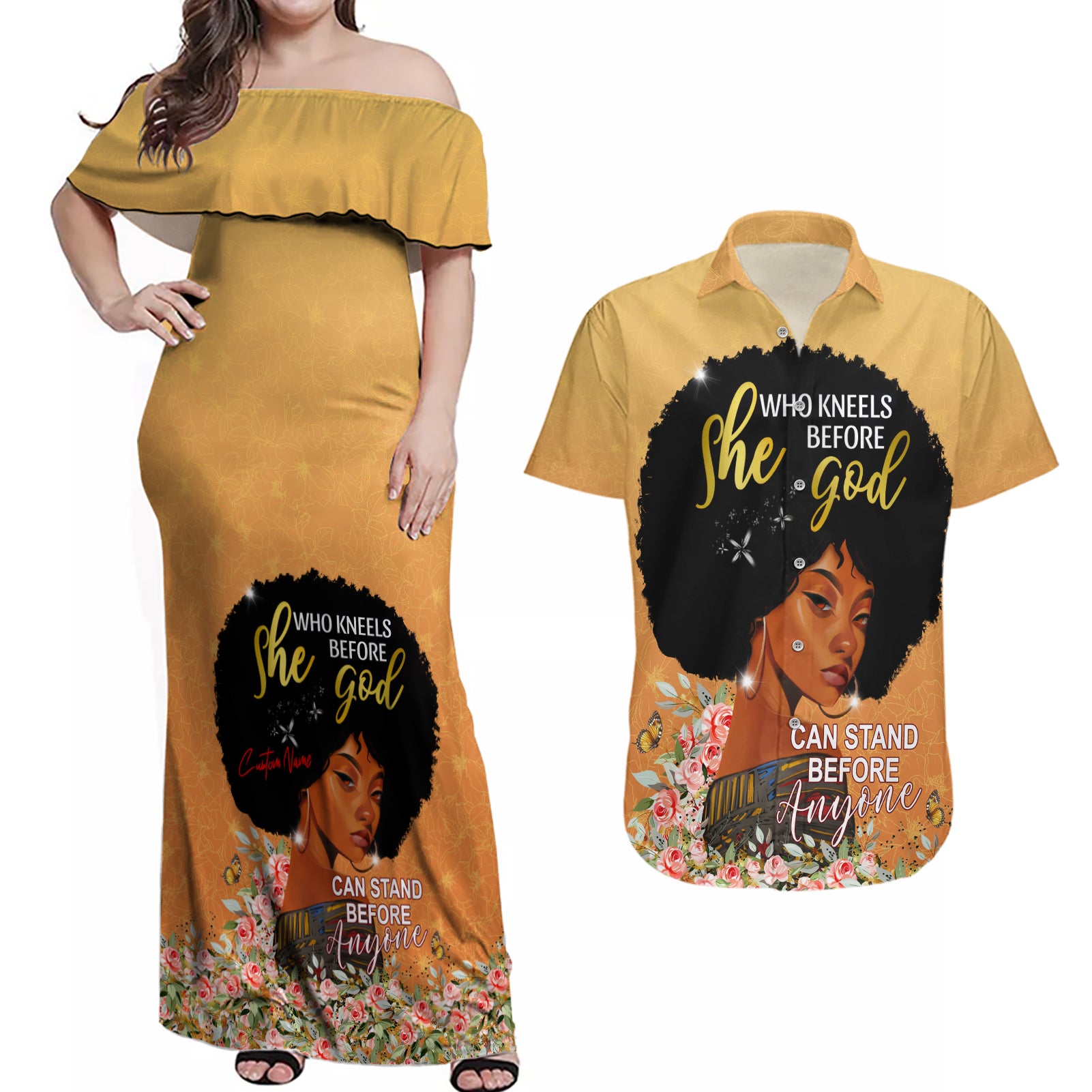 Personalized African Black Women Couples Matching Off Shoulder Maxi Dress and Hawaiian Shirt She Who Kneels Before God