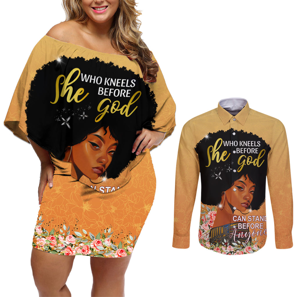 Personalized African Black Women Couples Matching Off Shoulder Short Dress and Long Sleeve Button Shirt She Who Kneels Before God