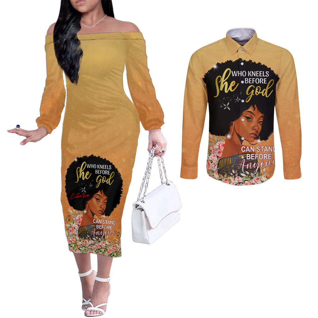 Personalized African Black Women Couples Matching Off The Shoulder Long Sleeve Dress and Long Sleeve Button Shirt She Who Kneels Before God