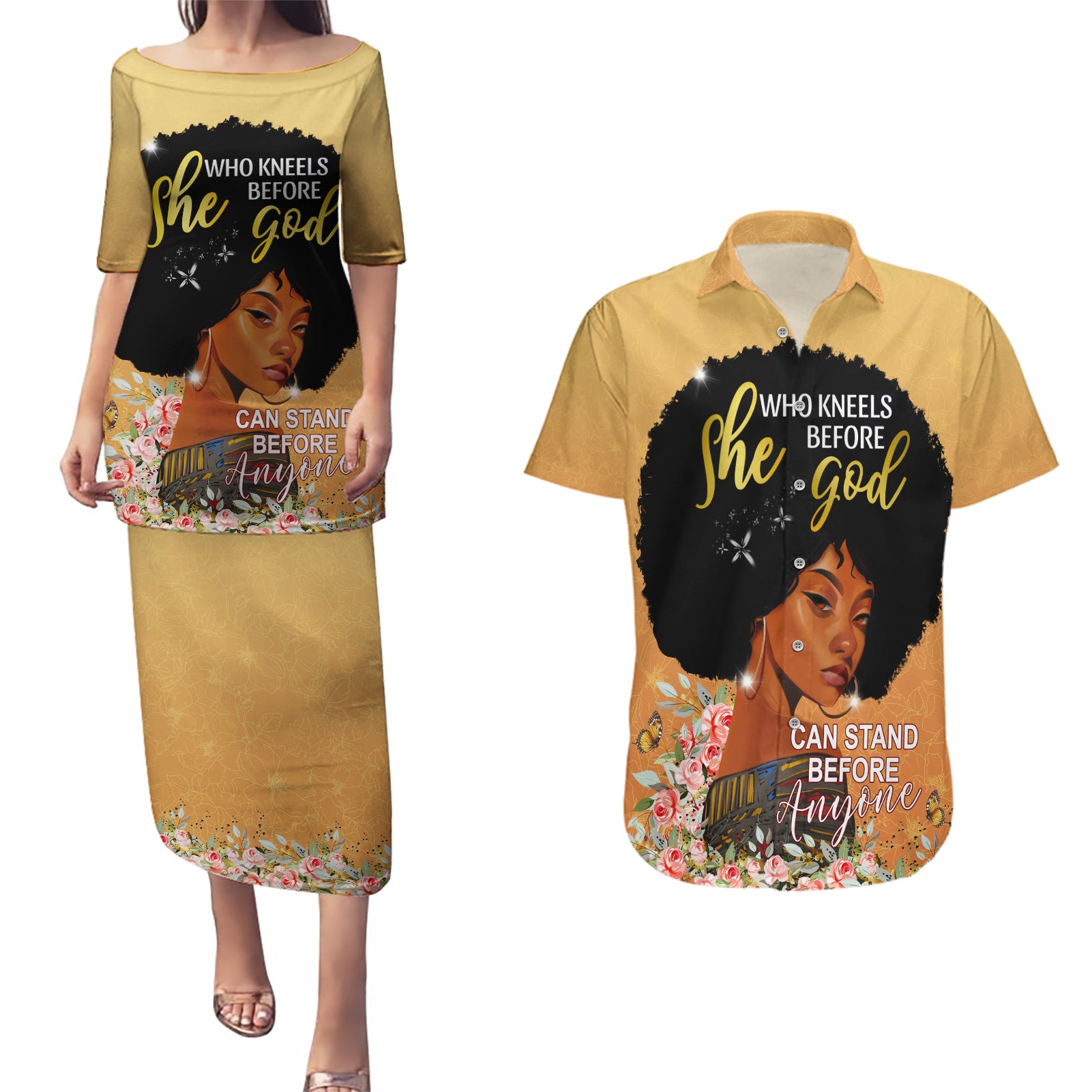 Personalized African Black Women Couples Matching Puletasi and Hawaiian Shirt She Who Kneels Before God