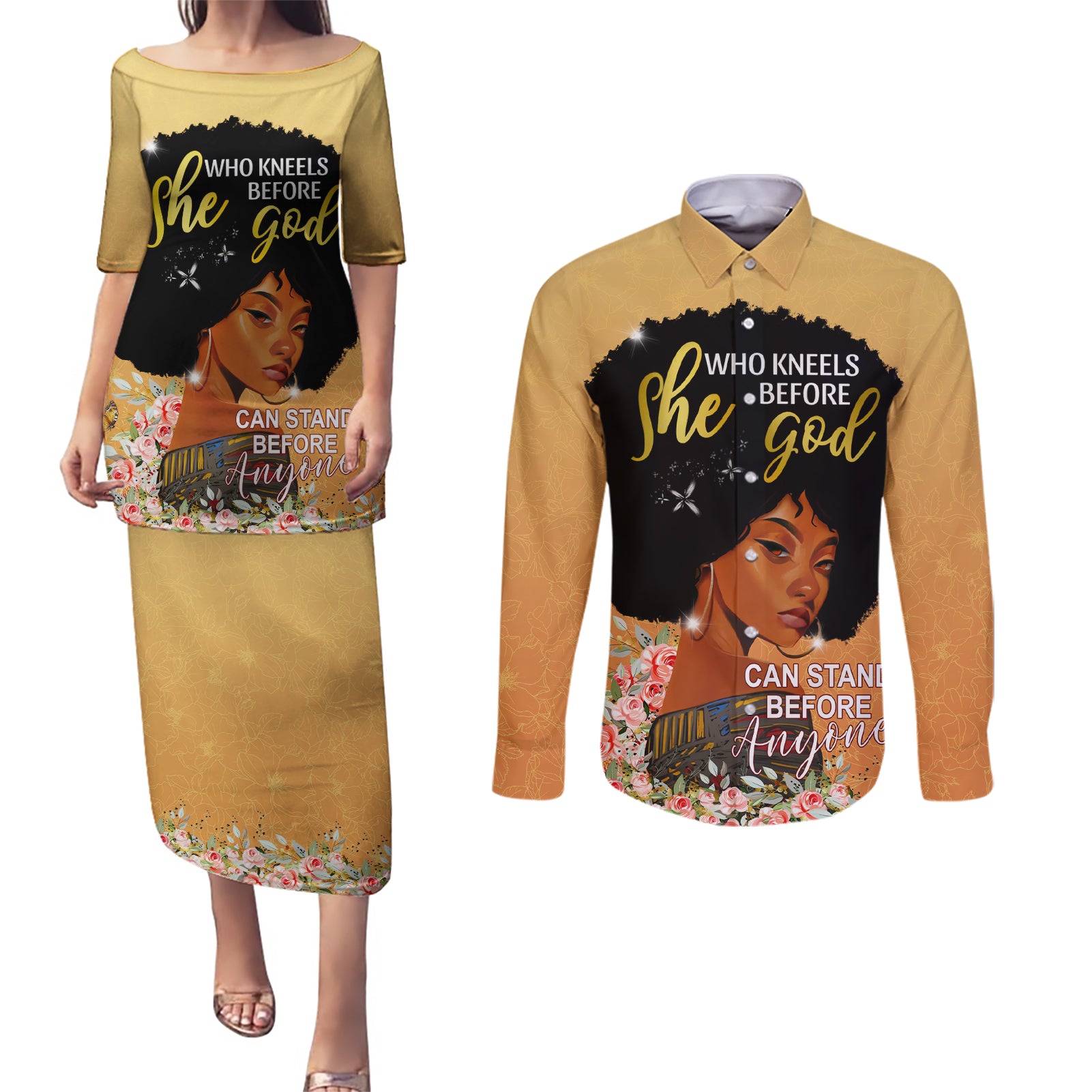 Personalized African Black Women Couples Matching Puletasi and Long Sleeve Button Shirt She Who Kneels Before God