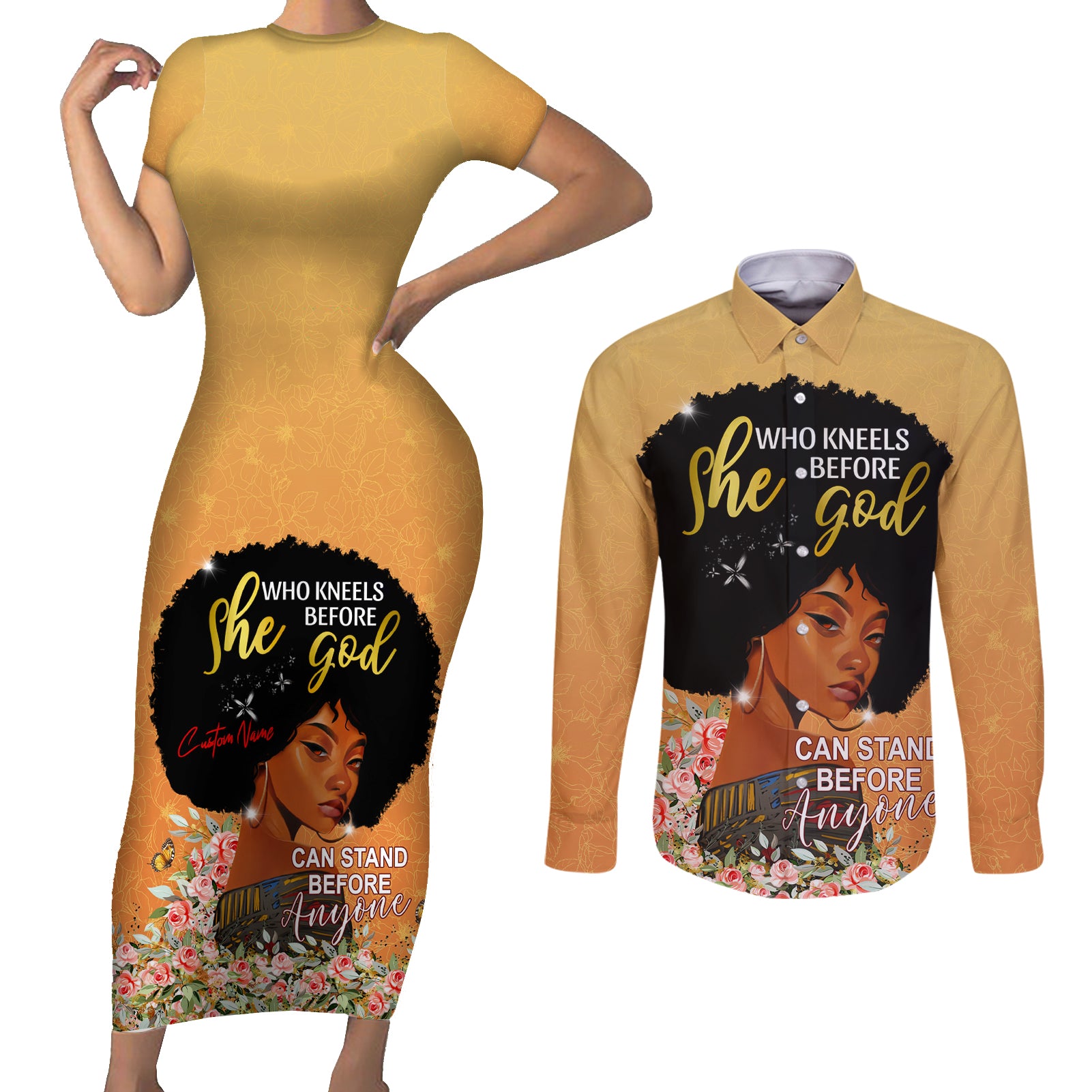 Personalized African Black Women Couples Matching Short Sleeve Bodycon Dress and Long Sleeve Button Shirt She Who Kneels Before God